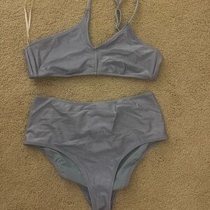 Aerie Silvery Blue Ribbed Bikini 👙 Top and Bottom High Waisted